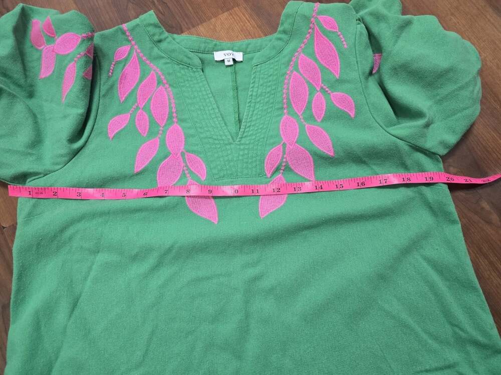VOY Green Floral Lace V-NeckBoho Embroidered Puff Bubble Sleeve Cotton Linen Mix - Picture 8 of 15